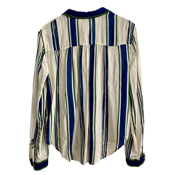 Maeve blue & green striped white lightweight sheer button up blouse - Picture 2 of 4